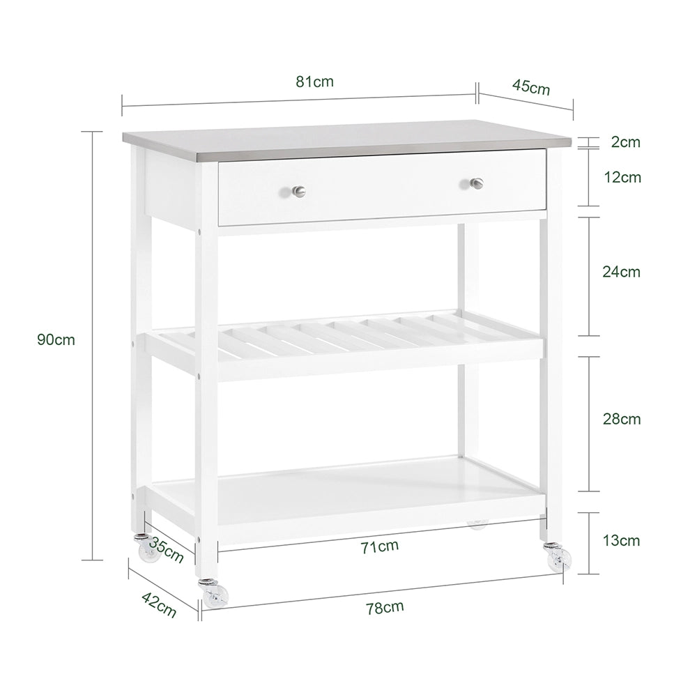SoBuy Carrello Cucina con Ruote Isola Cucina Salvaspazio Bianca con Piano in Acciaio Inox Mobiletto Cucina con Cassetti Mobile Cucina per Dispensa, Ingresso o Giardino 81x90x45cm FKW47-II-W