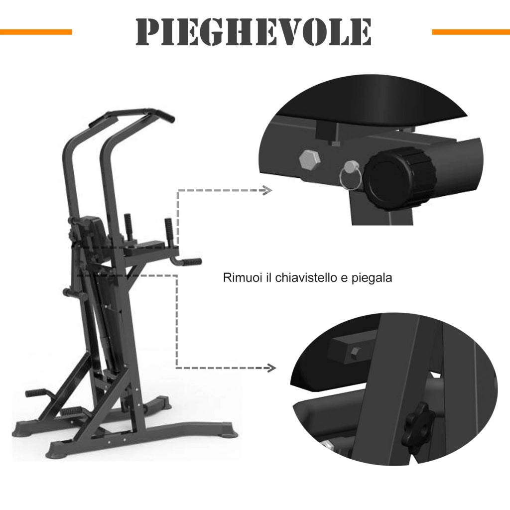 EasyComfort Power Tower Pieghevole, Stazione Fitness Multifunzione Regolabile in 7 Posizioni con Sbarra Trazioni, Dip Station, Pull UP Station e Panca Piana in Acciaio, per Home Gym Casa, Portata 150kg
