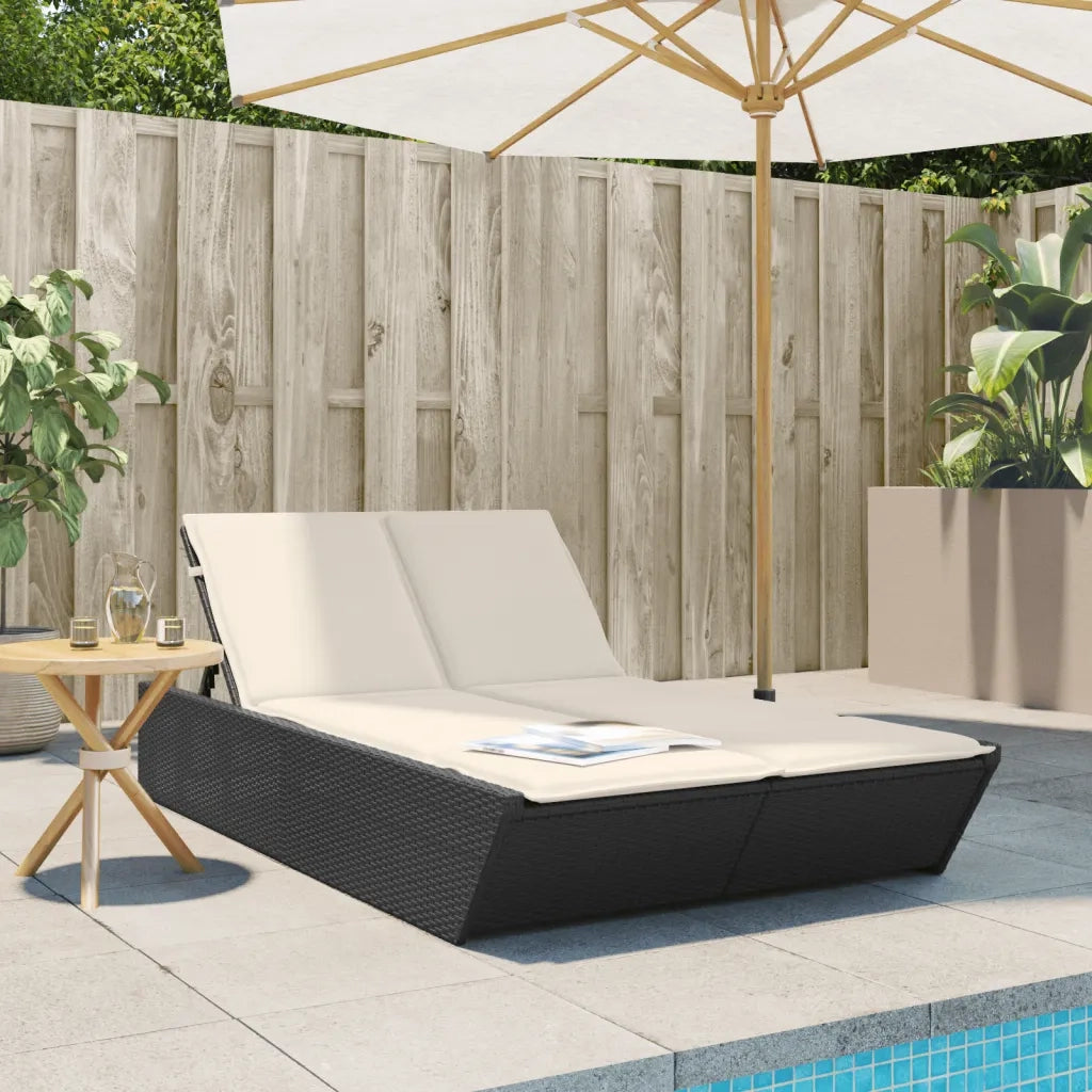 Lettino Prendisole | Sdraio da giardino | Lettino da sole Doppio con Cuscini Nero in Polyrattan
