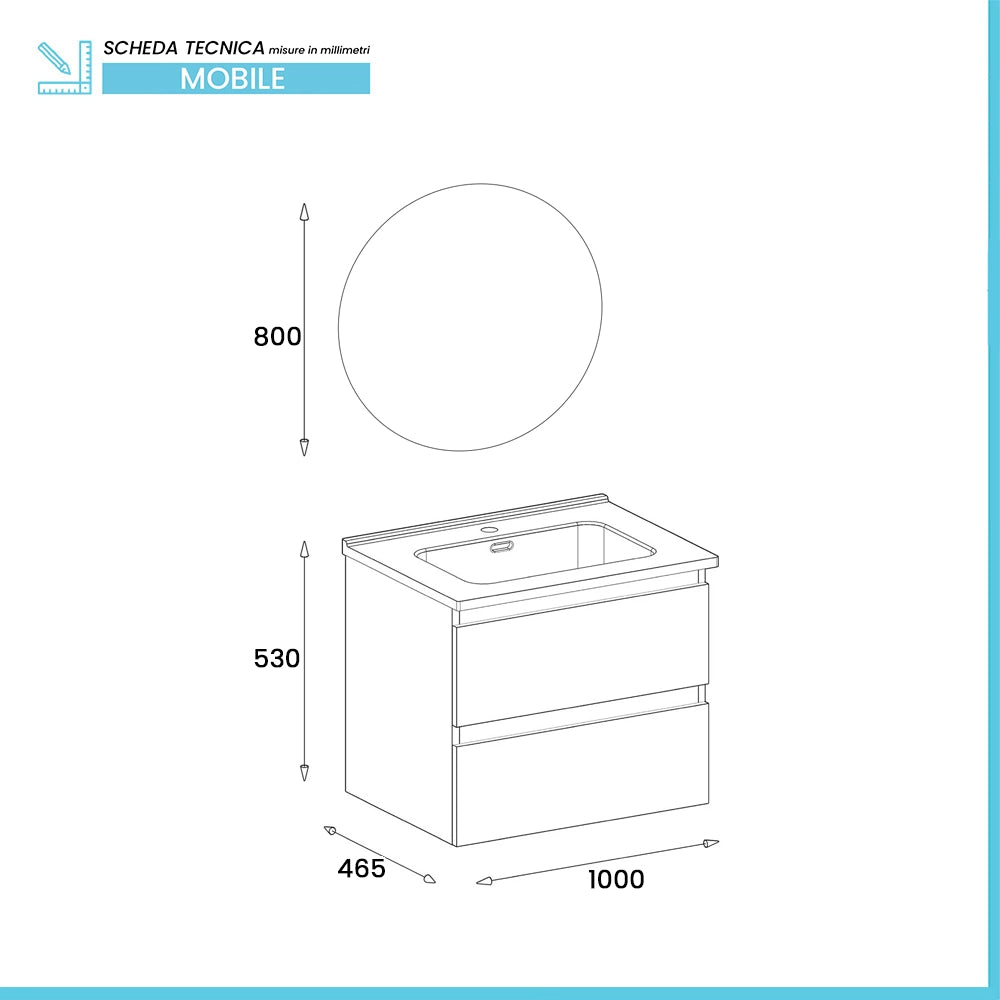 Mobile bagno sospeso 100 cm in legno grigio cemento 2 cassettoni con lavabo e specchio Leda