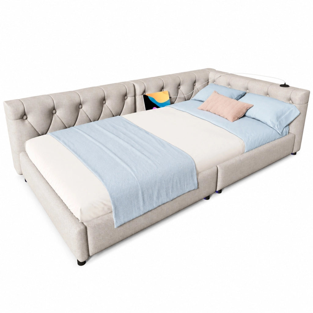 Divano letto con rete a doghe, LED e porte USB-C, Beige