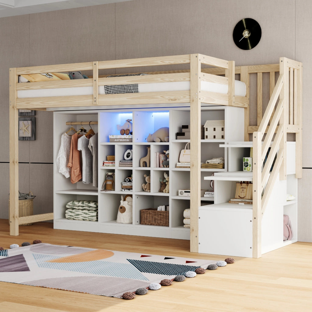 Hochbett 90x200 cm in legno con contenitore; LED integrata e scala laterale; bianco e naturale