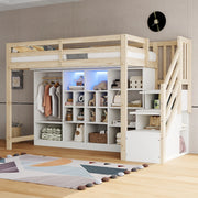Hochbett 90x200 cm in legno con contenitore; LED integrata e scala laterale; bianco e naturale