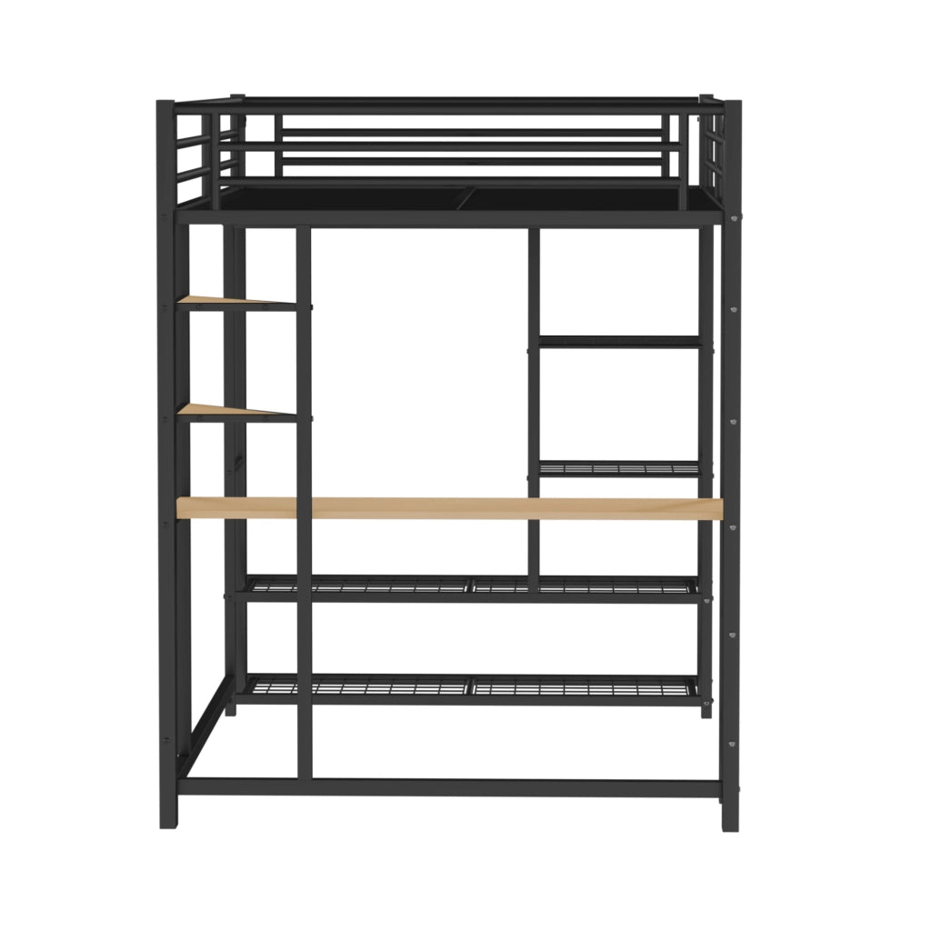 Letto matrimoniale a soppalco ULEVR 140x200 cm in metallo con scrivania, scala e armadio, nero