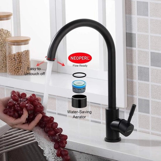 Kraan da Cucina con 360° Rotazione della Fuga e Avvio a Freddo, Mengkraan a Singolo Tasto per Vasca da Bagno, Acciaio Inossidabile, Nero