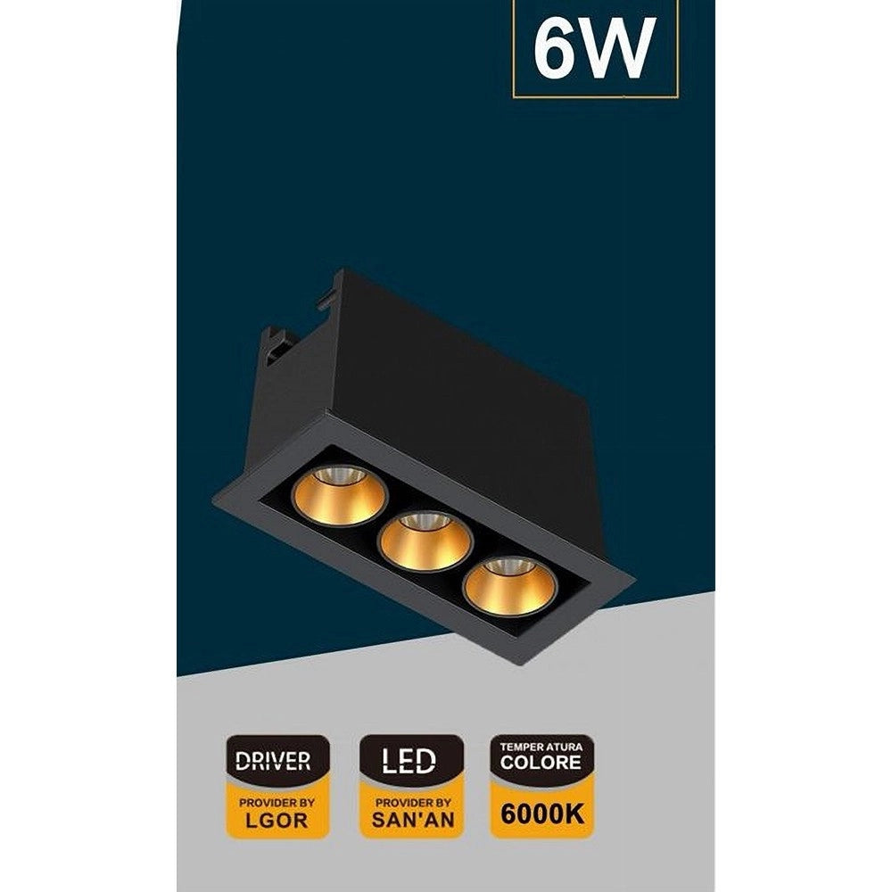 Trade Shop - Faretto Led Rettangolare Nero Da Incasso 6 W Luce Naturale Fredda Calda Xtd-3-n -