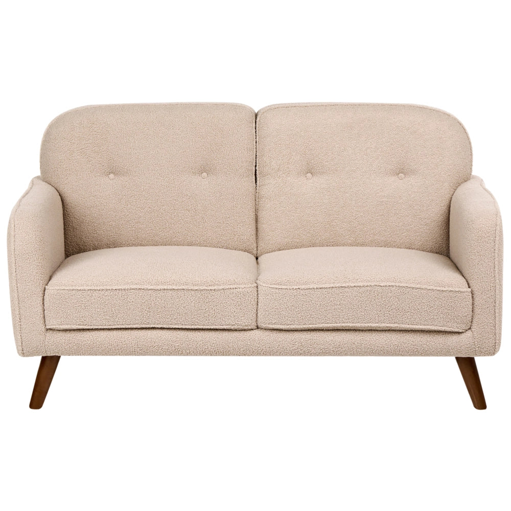 Set da Soggiorno Beige in Bouclé con Divano e Poltrone a 4 Posti con Trapuntatura a Bottoni Gambe in Legno di Rovere Divanetto