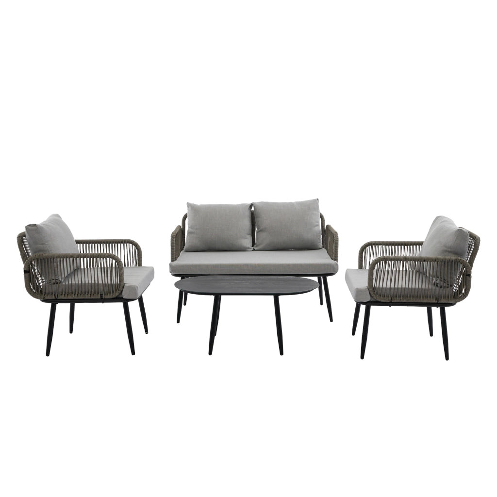 Set Salotto da Giardino con Divano 2 Posti, 2 Poltrone e Tavolino ¨C MINIMAL ¨C Polyrattan Grigio con Cuscini