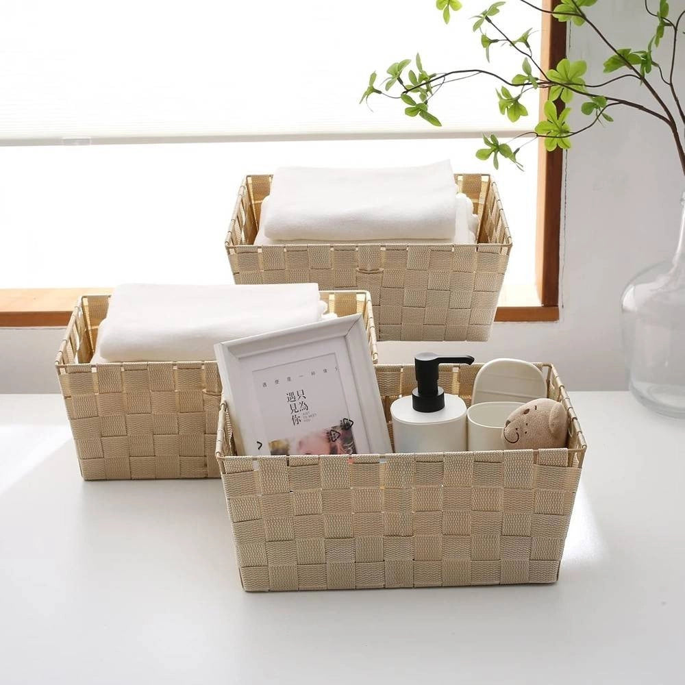 Trade Shop - Porta Oggetti Organizer Bagno Camera Cucina In Tessuto Beige 28x22x10.5cm 79021 -