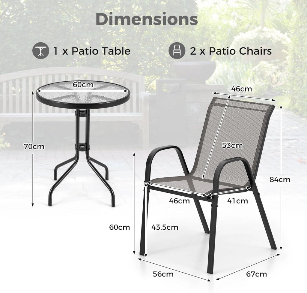 Set di 2 Sedie da Giardino con Tavolo in Vetro, Schienale Alto e Seduta Larga, Telaio in Acciaio Verniciato a Polvere, Tessuto Textilene Traspirante, per Balcone e Esterno (Grigio)