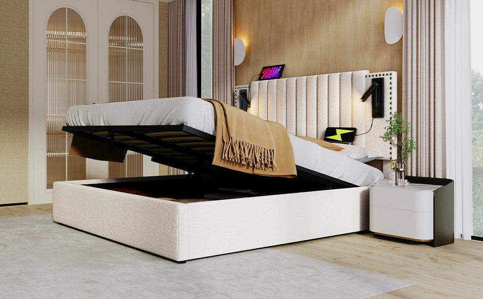 Letto matrimoniale imbottito 160x200 cm con cassone, luce da lettura e prese USB-C, testiera rivettata, cotone, beige
