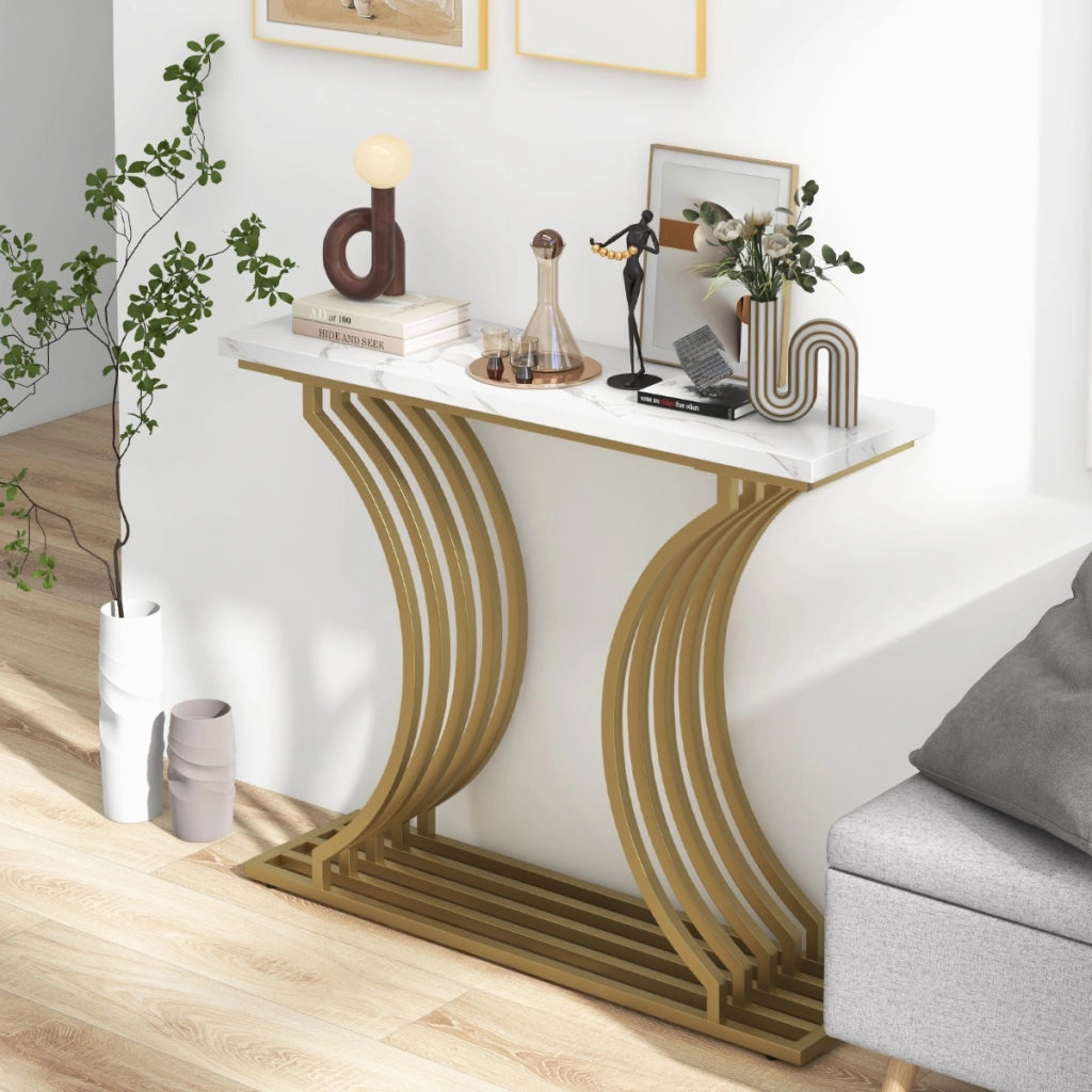 Consolle con piano in finto marmo bianco, Tavolo d'ingresso stretto con gambe metalliche per soggiorno Oro-Consolle