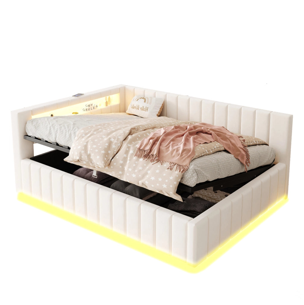 Letto imbottito matrimoniale contenitore 140x200 in velluto beige con LED e USB
