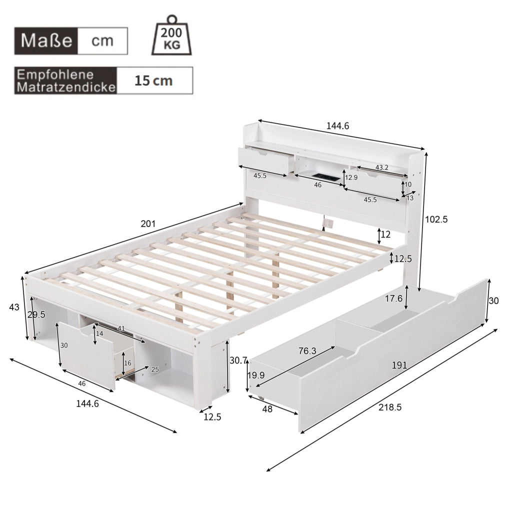 Letto matrimoniale bianco in pino con USB e cassetti 140x200 cm