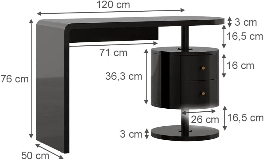 Vicco Tavolo da toeletta Lara, Nero lucido, 120 cm con 2 cassetti