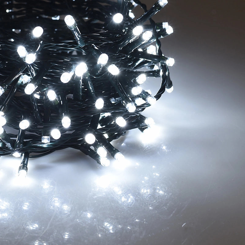 CATENA LUMINOSA LED 300 LUCI BIANCHE DA 15M PER INTERNI ED ESTERNI - CAVO VERDE CON CONTROLLER 8 FUNZIONI E TRASFORMATORE 31V