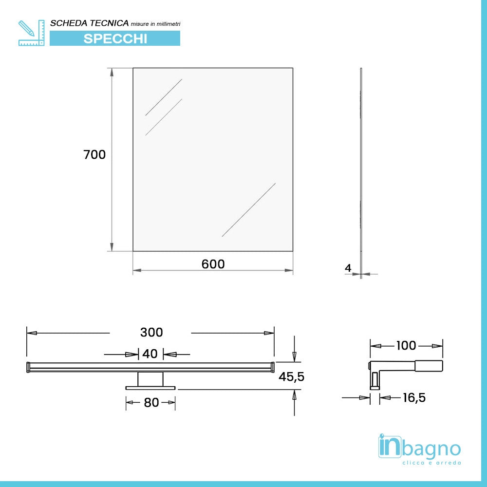 Specchio bagno 60x70 cm reversibile con lampada a luce LED fredda