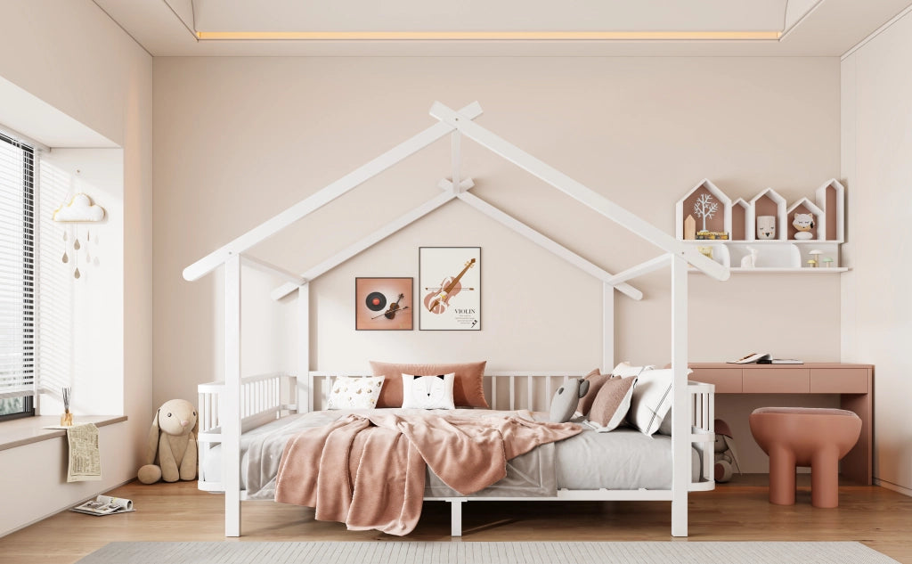 Letto per bambini 140 × 200 cm a forma di casa con barriera di sicurezza, senza materasso, in metallo, bianco