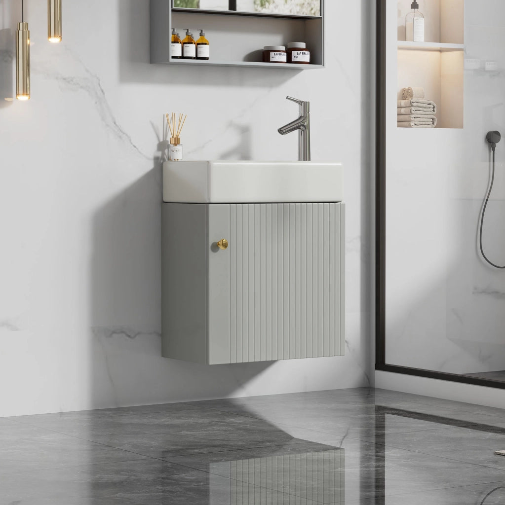 Mobile da bagno con lavabo in ceramica; MDF grigio e bianco