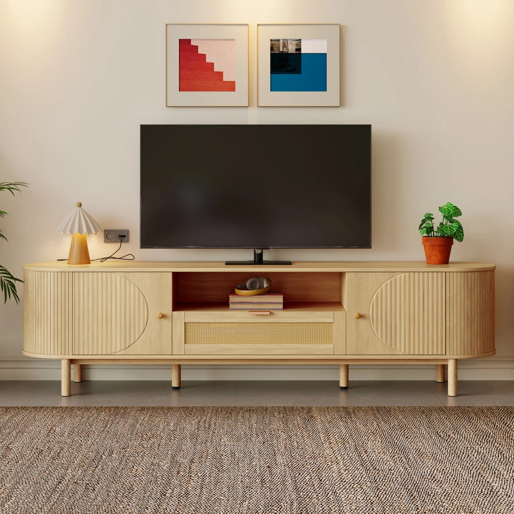 Mobile TV 175x36x51 cm; design curvo con passacavi; MDF; colore naturale