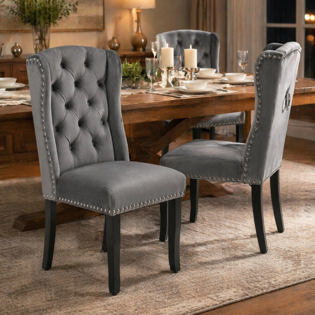 Set di 2 sedie da pranzo in velluto grigio con gambe in legno di quercia, stile moderno