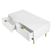 Tavolino da Salotto Moderno con 2 Cassetti e Design a Righe Verticali, 100x50x40 cm - Tavolino da Divano, Bianco+Oro