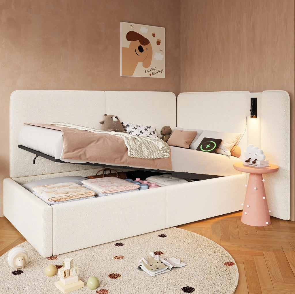 Letto singolo 90x200 cm con contenitore idraulico; lampada da lettura e porte USB; beige in bouclé