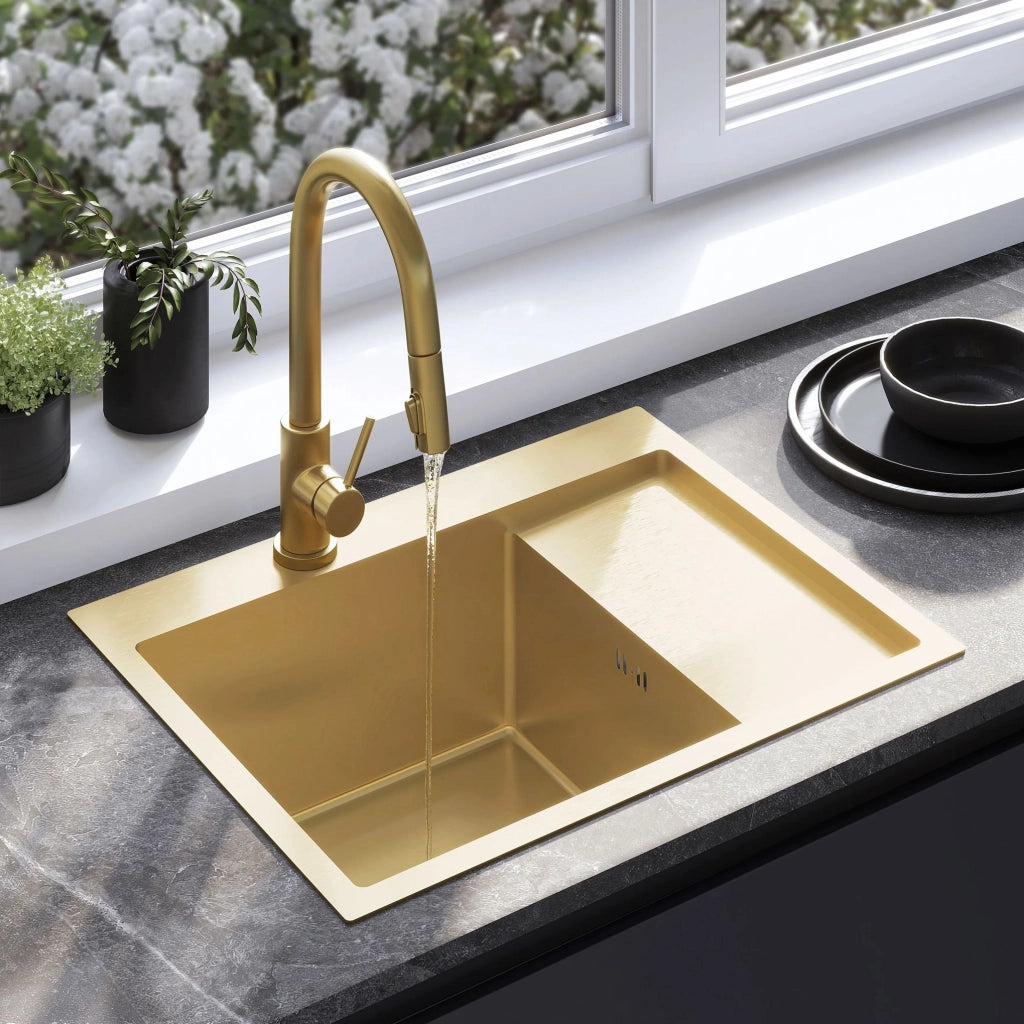 Lavello In Acciaio Fin Brush Gold con rubinetto da cucina