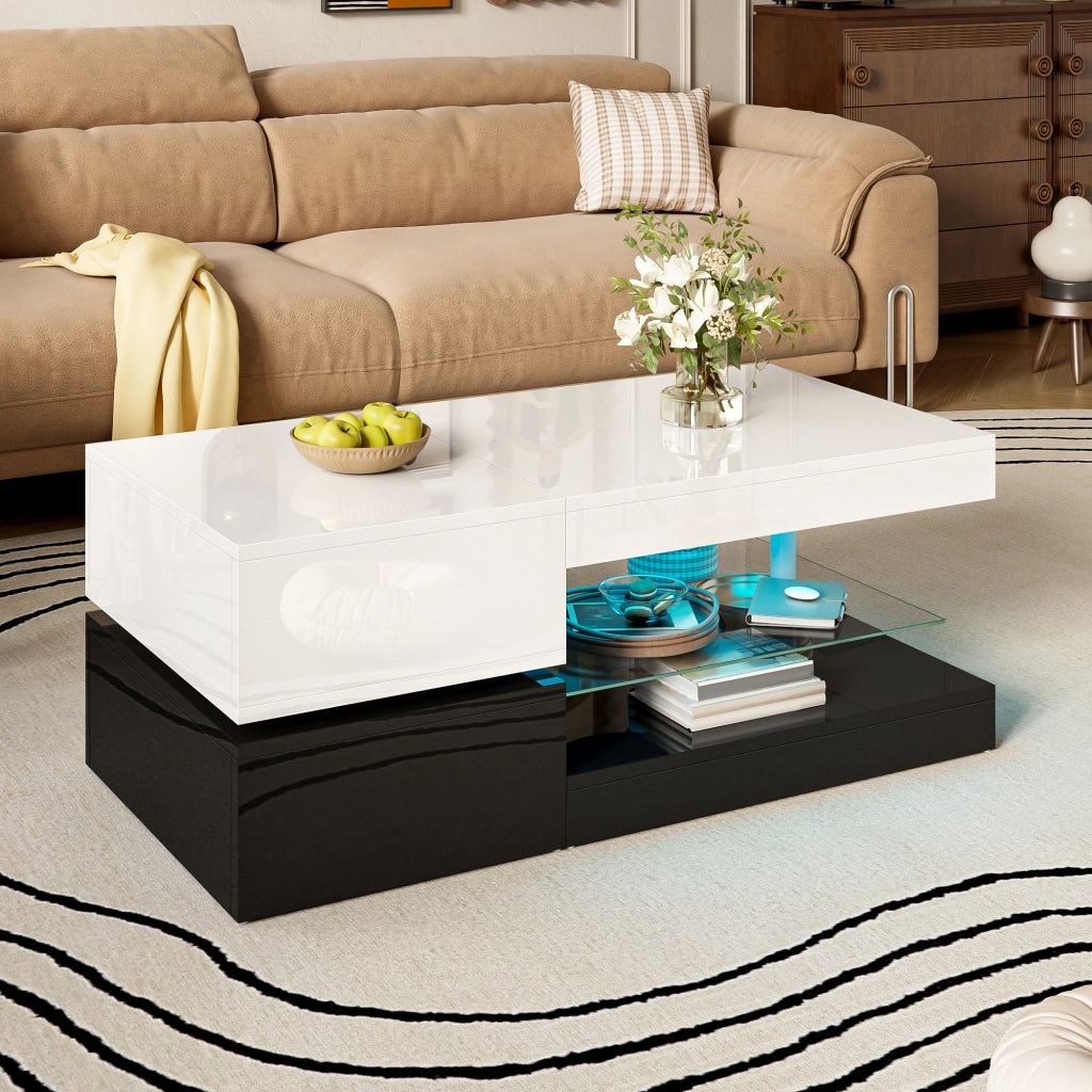 TAVOLINO DA CAFFÈ LED 90x45x35,5 cm Bianco/Nero in pannello di legno e vetro temperato