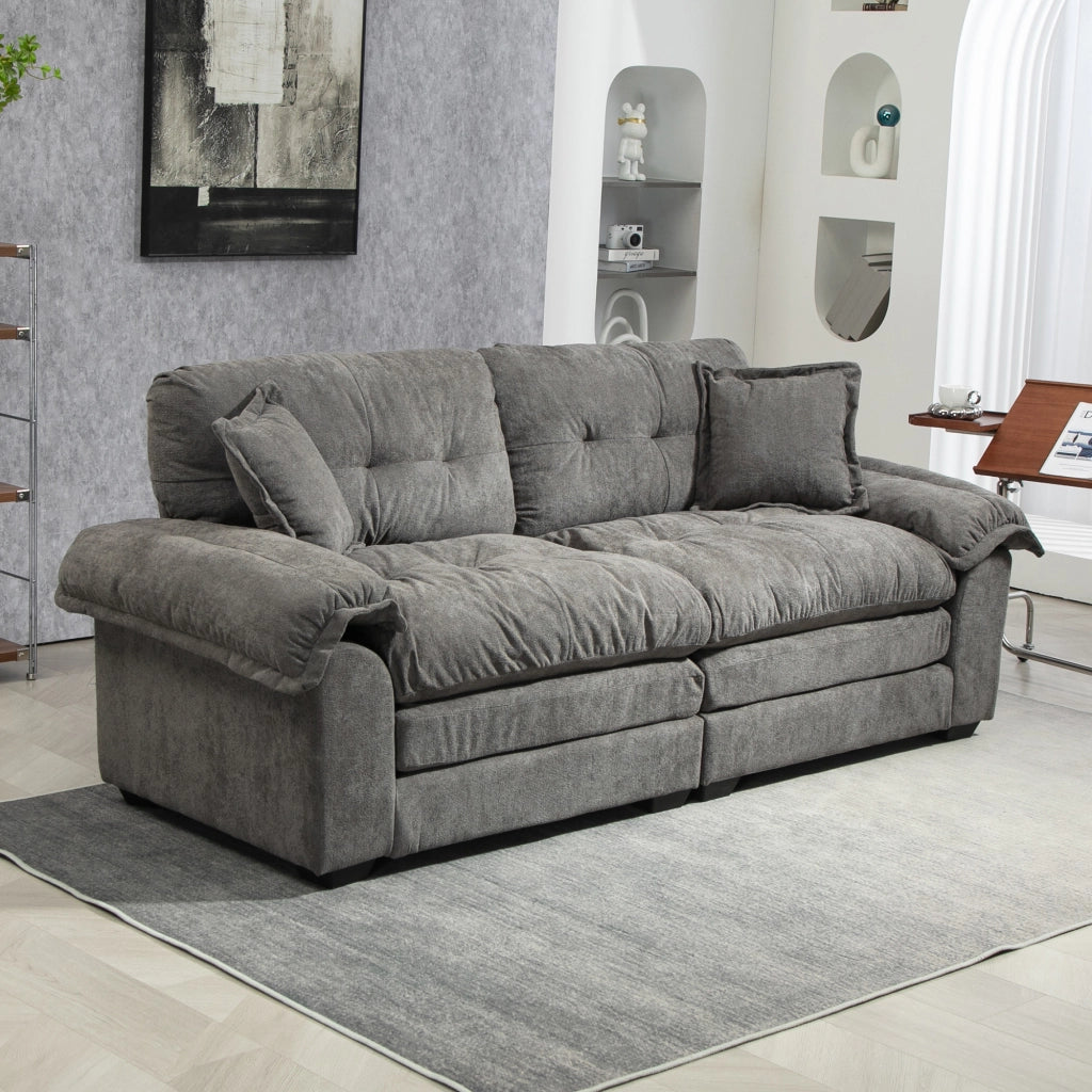 Divano diritto in chenille con seduta profonda e cuscini a doppio strato per salotto grigio 214 × 89 × 93 cm