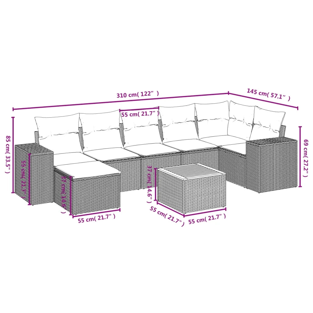 Set Divano da Giardino 8 pz con Cuscini Beige in Polyrattan