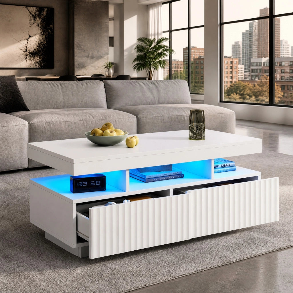 Tavolino da caffè bianco con 2 cassetti e LED, 100x50x45 cm