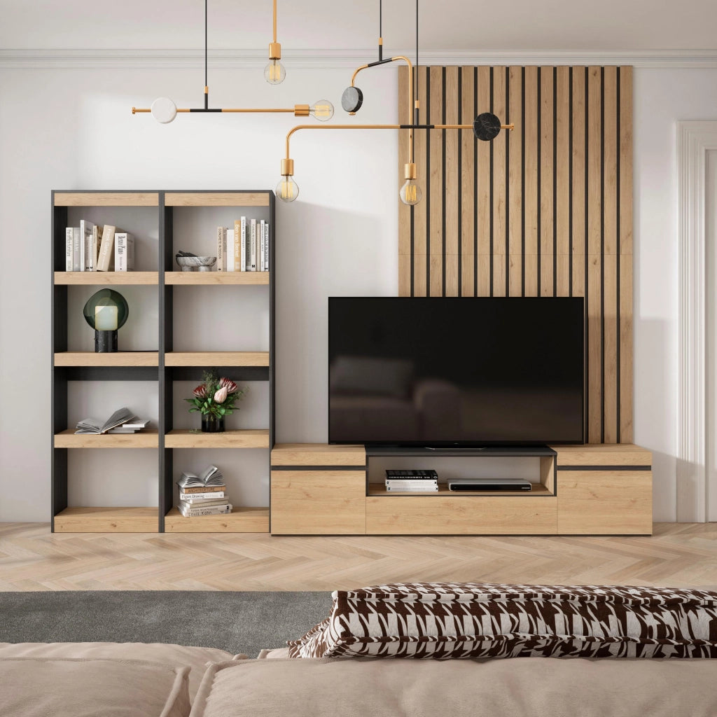Mobile TV, Soggiorno, 320x35x186cm, Per TV fino a 80", Set di mobili, colore Rovere e nero RF2601