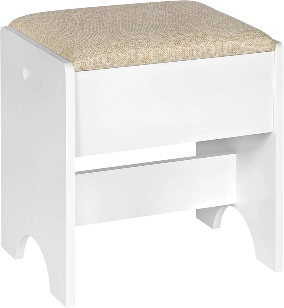 WOLTU Sgabello Per Toeletta da Trucco, Sedia da Make Up con Seduta Imbottita, 40x30x45cm, Sgabello per Camera da Letto, in Legno MDF e Lino, Bianco e Beige, MB6098be
