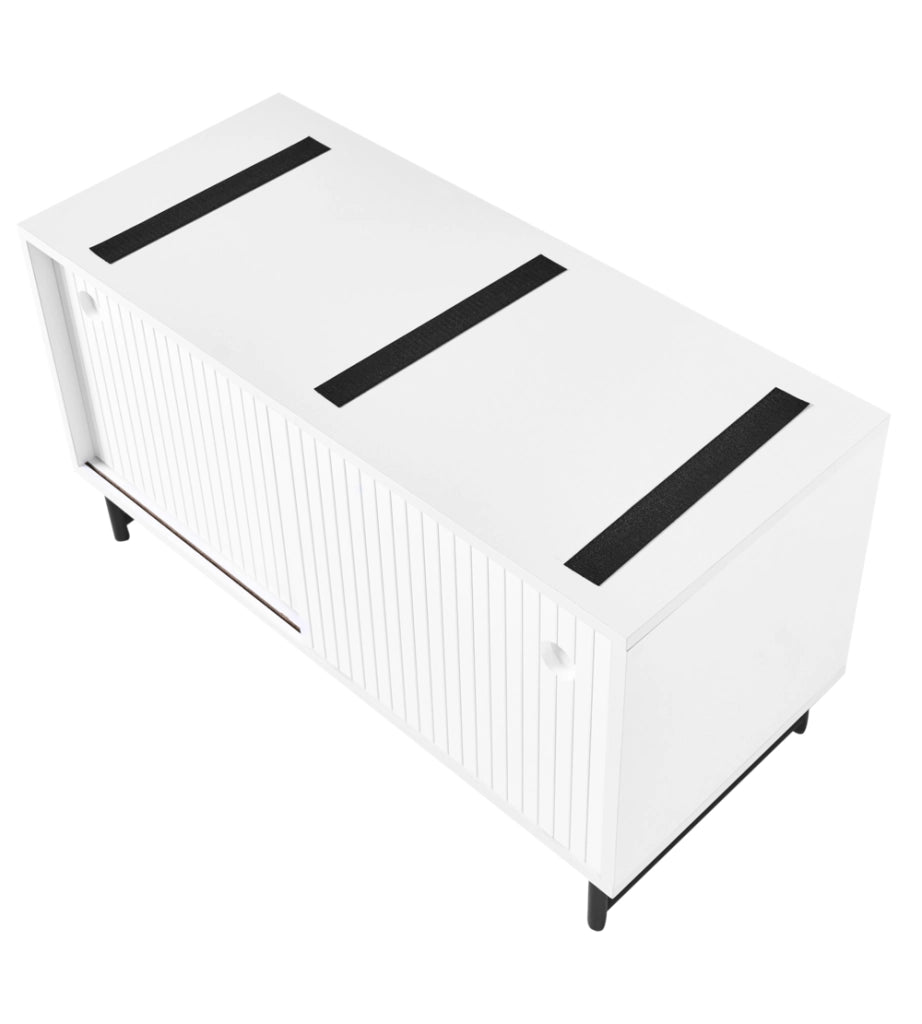 Mobile porta scarpe in MDF bianco a 2 scomparti con seduta imbottita e ante scorrevoli, design scandinavo, ingresso