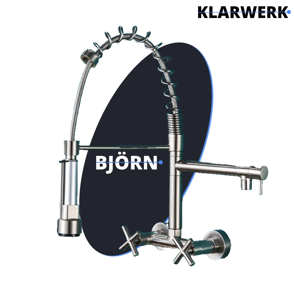 Bjorn | Rubinetto da parete gastronomia argent Rubinetto cucina professionale in acciaio inox con due doccette|doppio lavello da parete ristorante