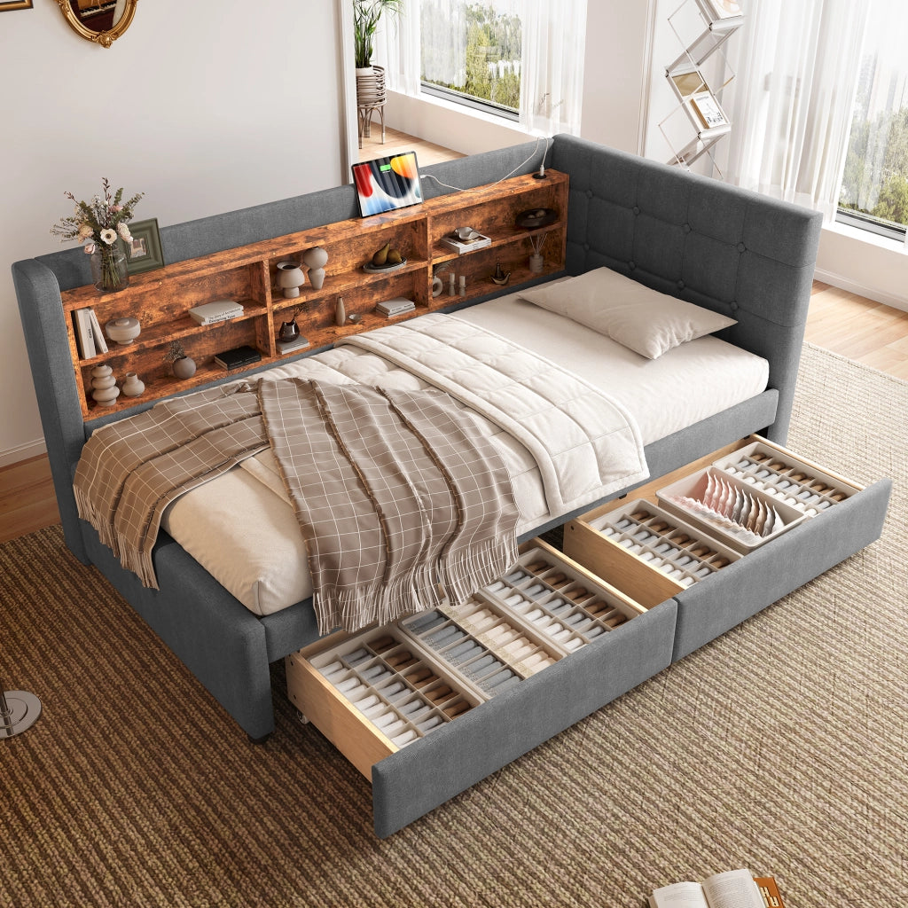 Daybett con funzione divano letto in lino grigio 90x200 cm