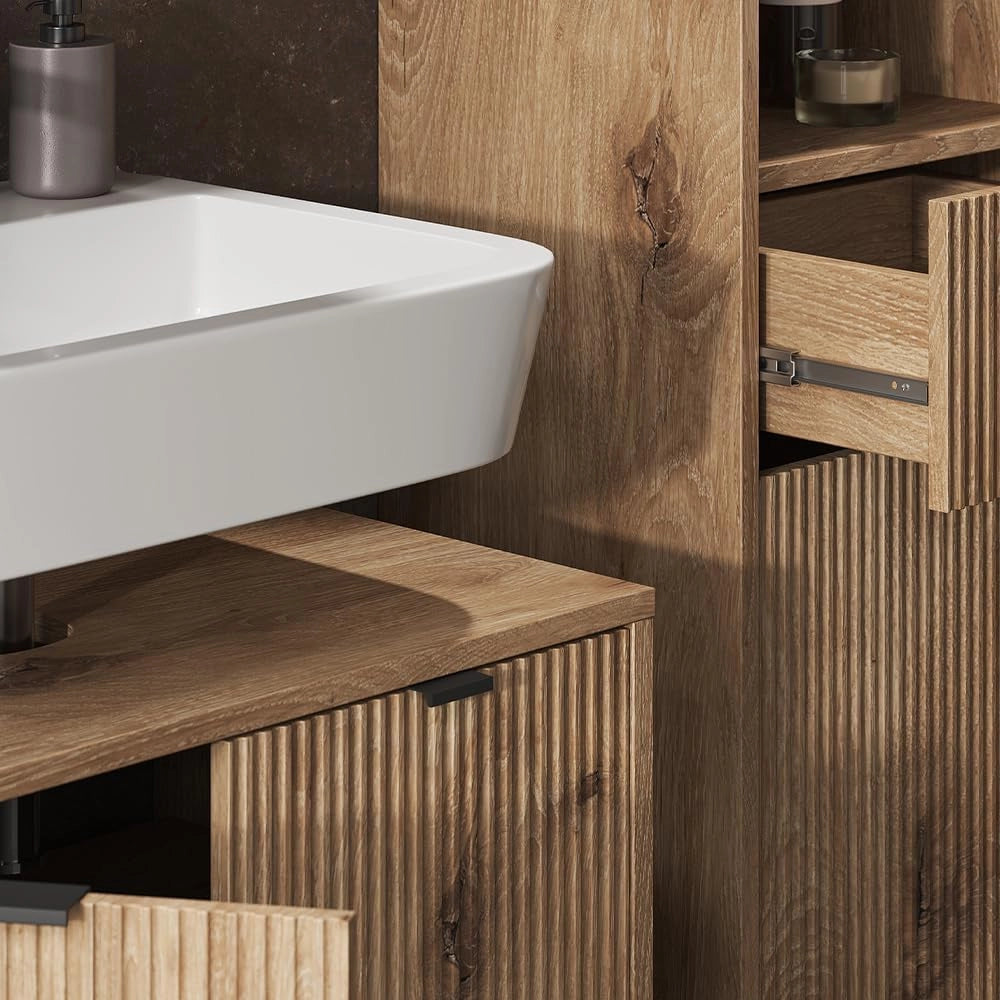 Set di mobili da bagno Eliza, Quercia vichinga, 70 cm, composto da mobile sottolavabo, specchiera e colonna alta