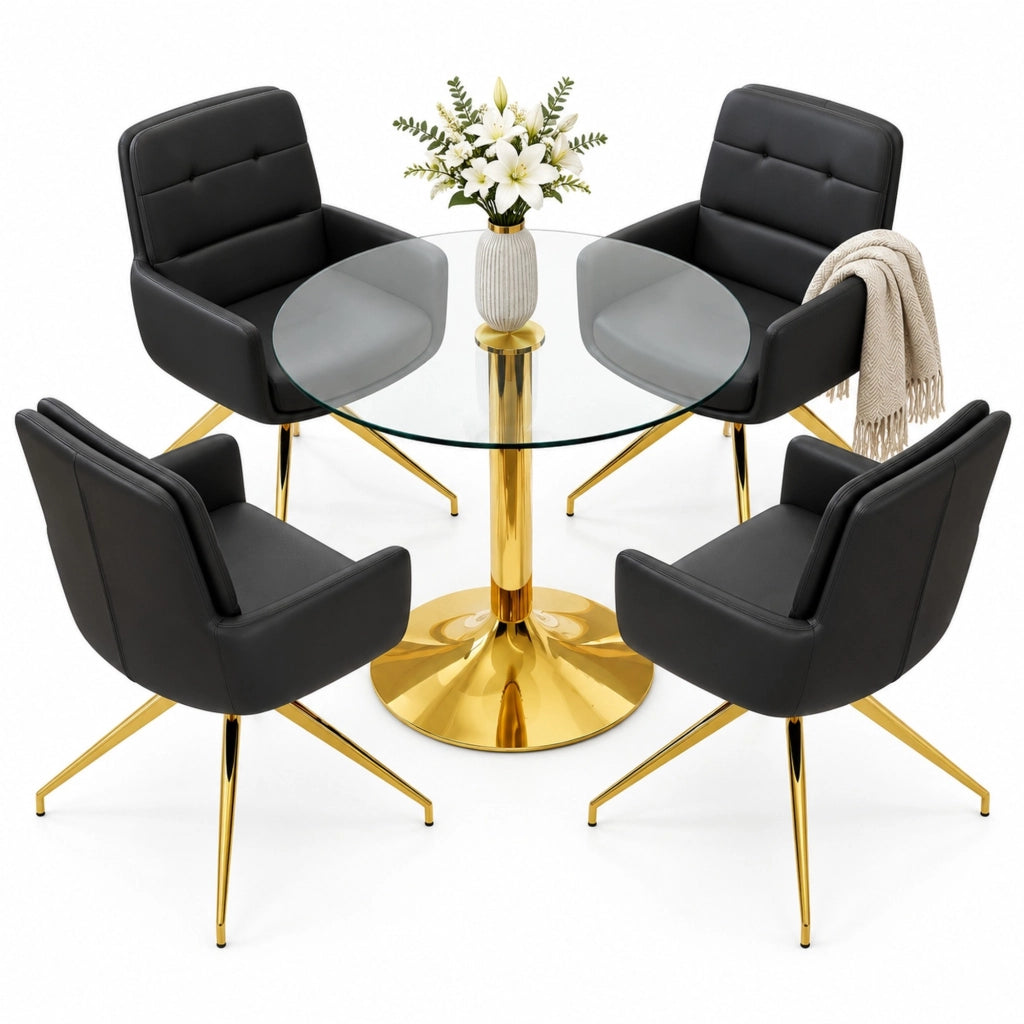 Set tavolo e sedie da pranzo 85 cm vetro temperato nero e oro per 4 persone