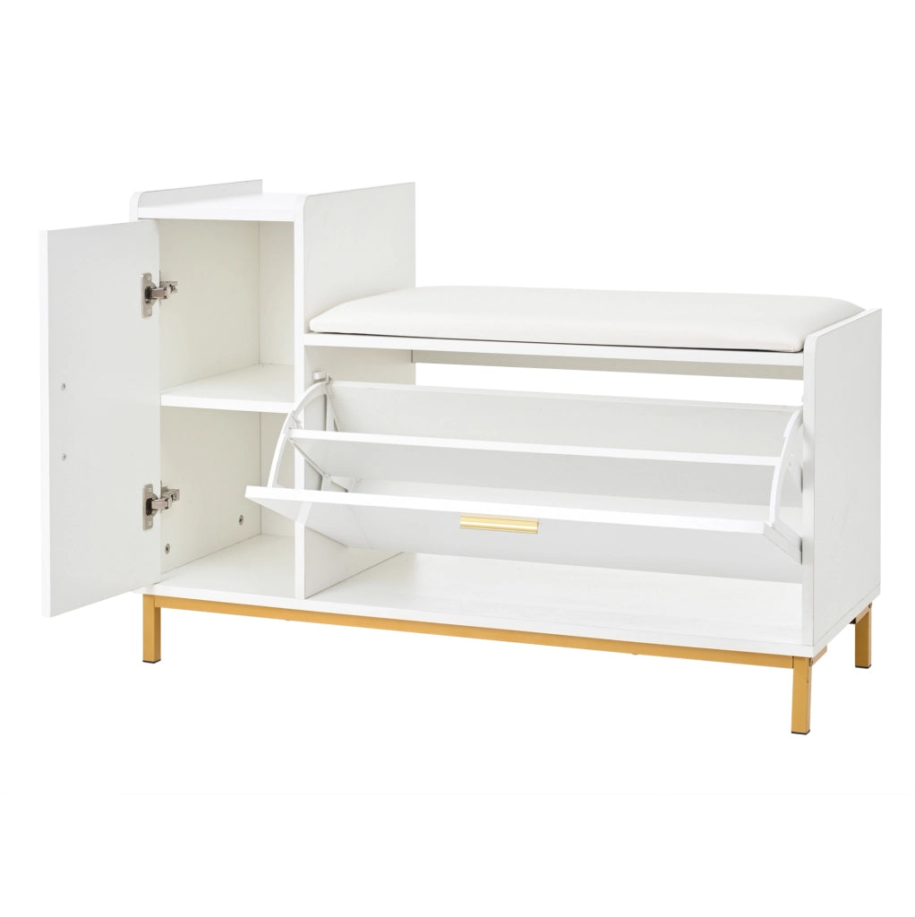 Panca scarpiera 100x38x68 cm con seduta imbottita e ante a ribalta in truciolato e metallo bianco e oro