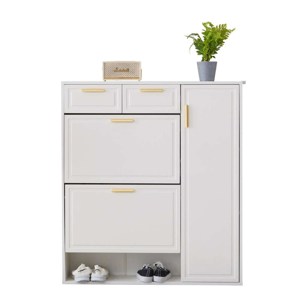 Scarpiera con 2 cassetti; ripiani regolabili e vani aperti - ingresso - 95×24×107 cm - bianco