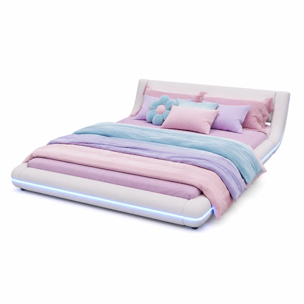 Letto a pavimento 160x200 cm con LED e struttura bianca