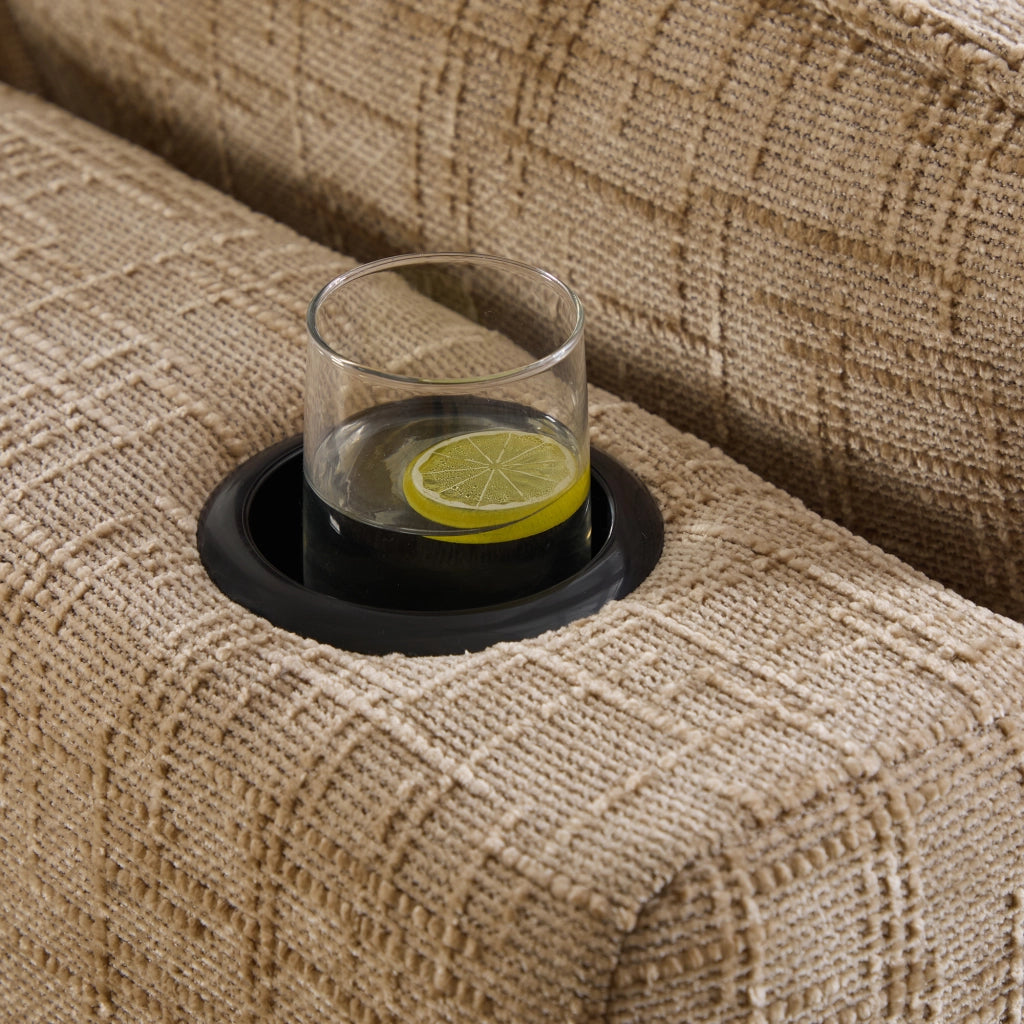 Divano modulare 3 posti con tasche laterali e cuscini, in chenille khaki e nucleo a molle, 256 × 161 × 75 cm