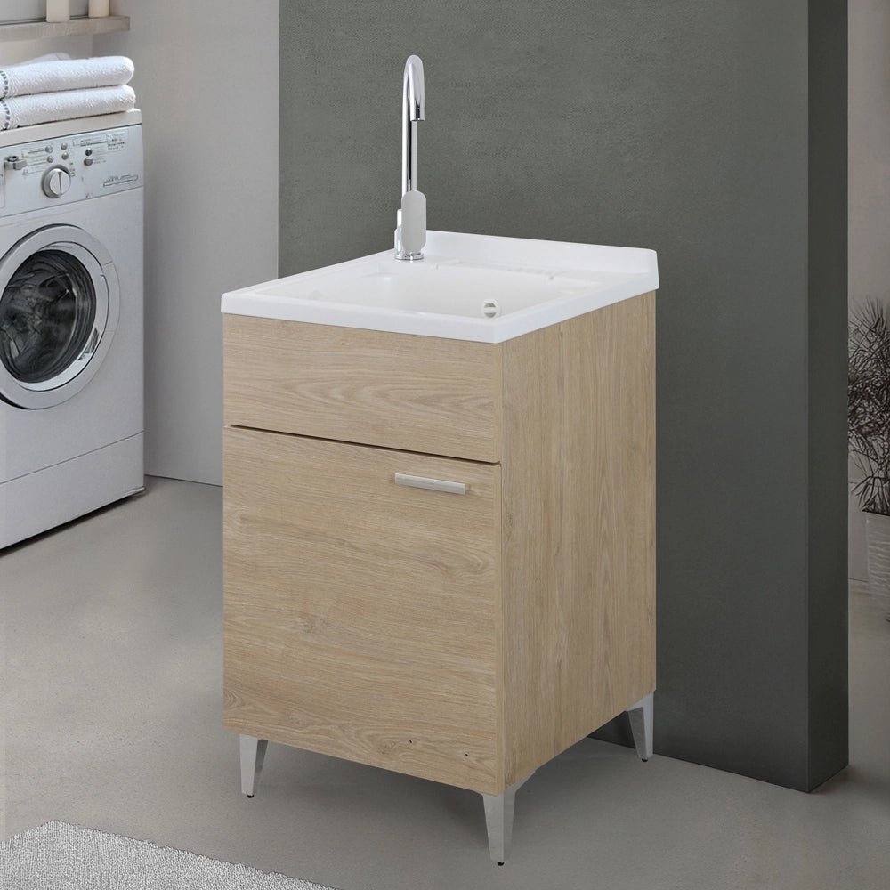 Mobile lavatoio 50x50 cm rovere con vasca in resina e asse lavapanni