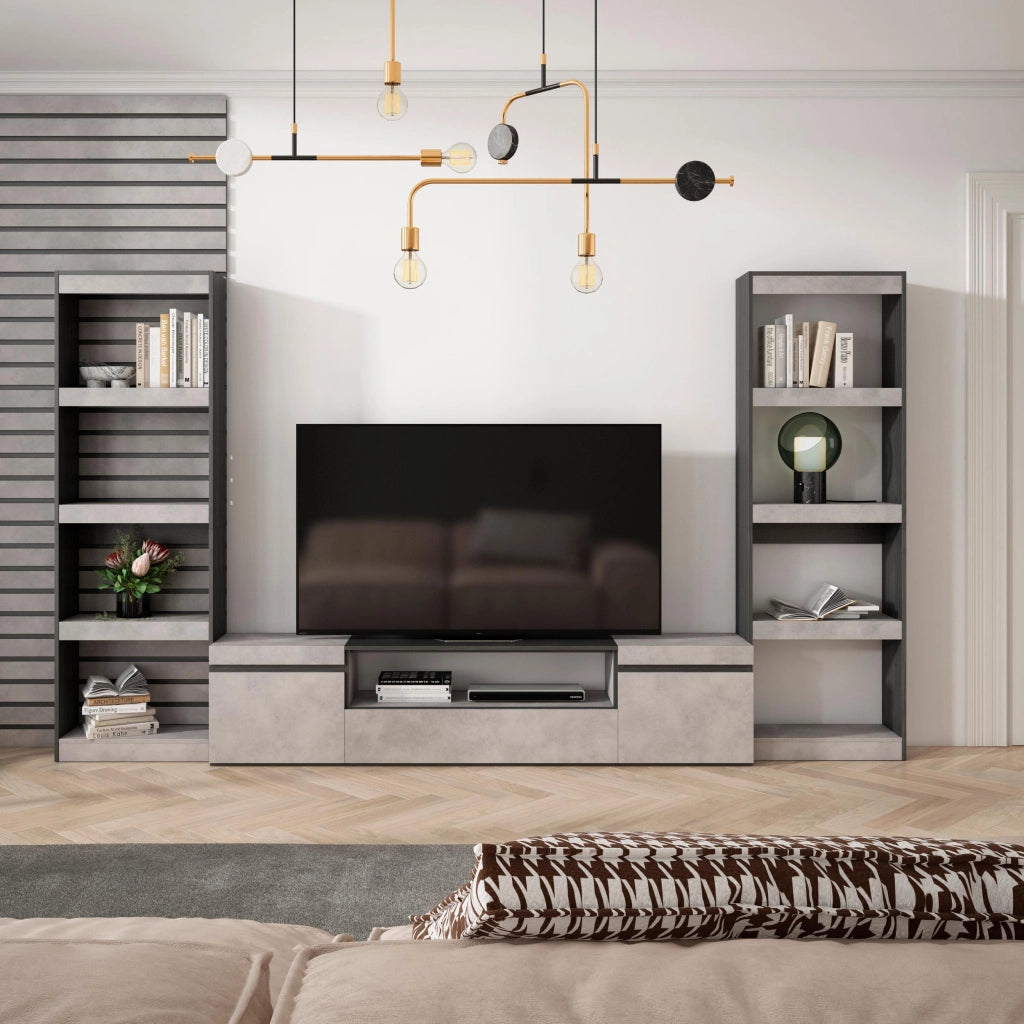Mobile TV, Soggiorno, 320x35x186cm, Per TV fino a 80", Set di mobili, grigio cemento RF2606