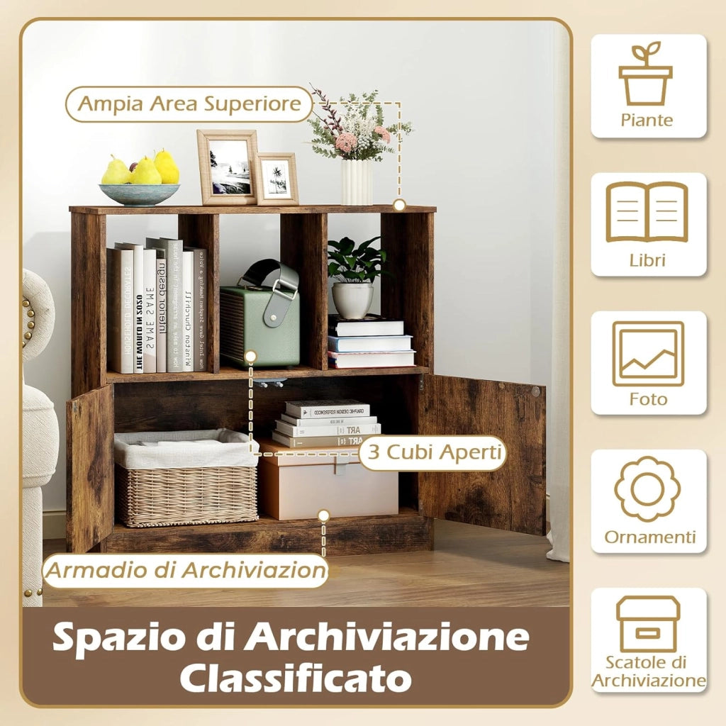 Libreria con 3 Cubi Aperti e 2 Ante, Scaffale a 2 Livelli, Mensola Moderna da Terra in Legno, per Soggiorno, Studio e Camera da Letto, 70 x 30 x70 cm (Marrone Rustico)