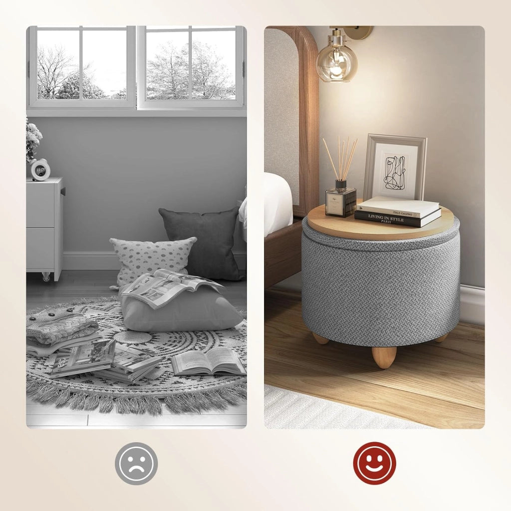 Pouf Contenitore con Coperchio, Pouf Poggiapiedi in Lino Grosso, Sgabello Tondo Salvaspazio con Gambe in Legno di Pino per Soggiorno, Corriodio, Camera, Ø 39x33 cm, Grigio Chiaro