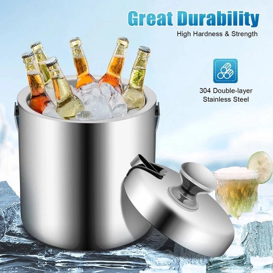 Congelatore portatile a doppio strato 1,3L con coperchio a tang e contenitore per cubetti di ghiaccio in acciaio inossidabile per vino/bevande.