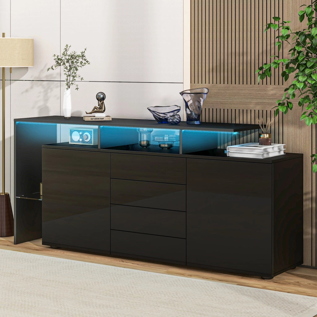 Credenza con 2 Ante; 4 Cassetti; 2 Vani a Giorno e LED; Controllo tramite App; Nero; 160¡Á35¡Á70 cm