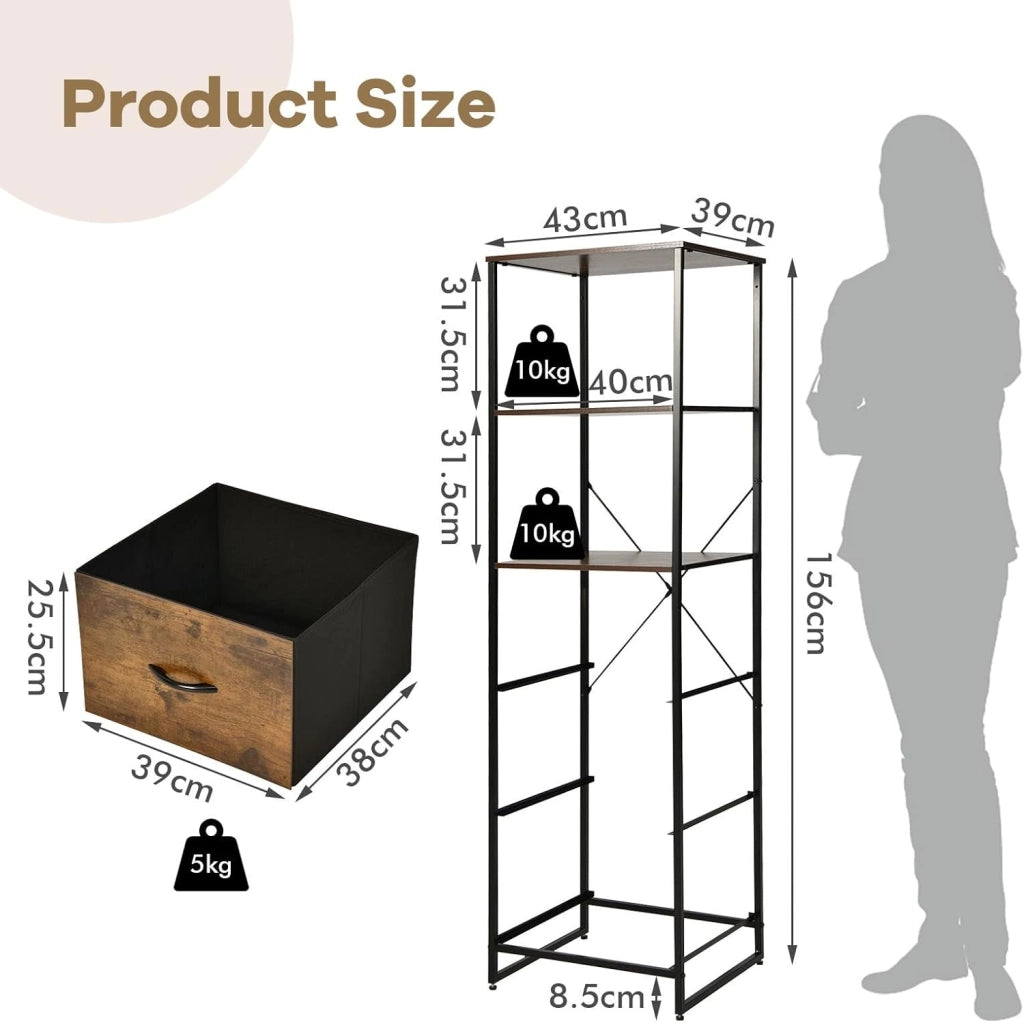 Mobile Bagno Salvaspazio, Armadietto Portaoggetti Stile Industriale con 3 Cassetti, Alta Torre di Stoccaggio, Libreria, Adatto per Cucina, Soggiorno, Camera, 43 x 39 x 156 cm